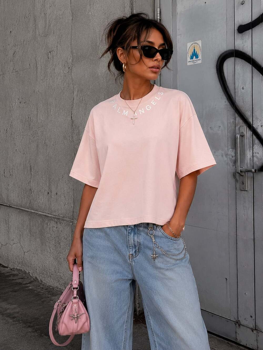 Palm Angels Seasonal Cropped Tee Baby Pink Logo T-Shirt Size M NWT $358